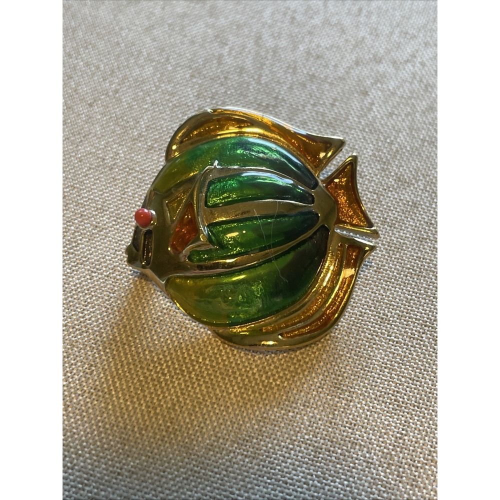 Liz Claiborne Brooch Pin Vintage Angel‎ Fish Ocean Beach Green Enamel Gold Tone